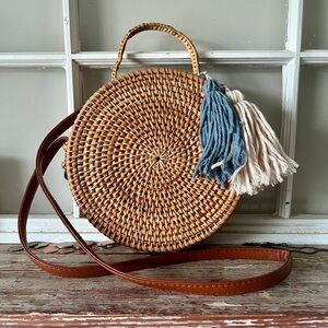 Round Rattan Shoulder Bag with Yarn Charms
